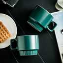 Stackable Coffee Mugs Set of 4 with Holder Spoons 11oz Ceramic Cappuccino Cups for Espresso Latte Tea Drinks, Dishwasher & Microwave Safe, Green