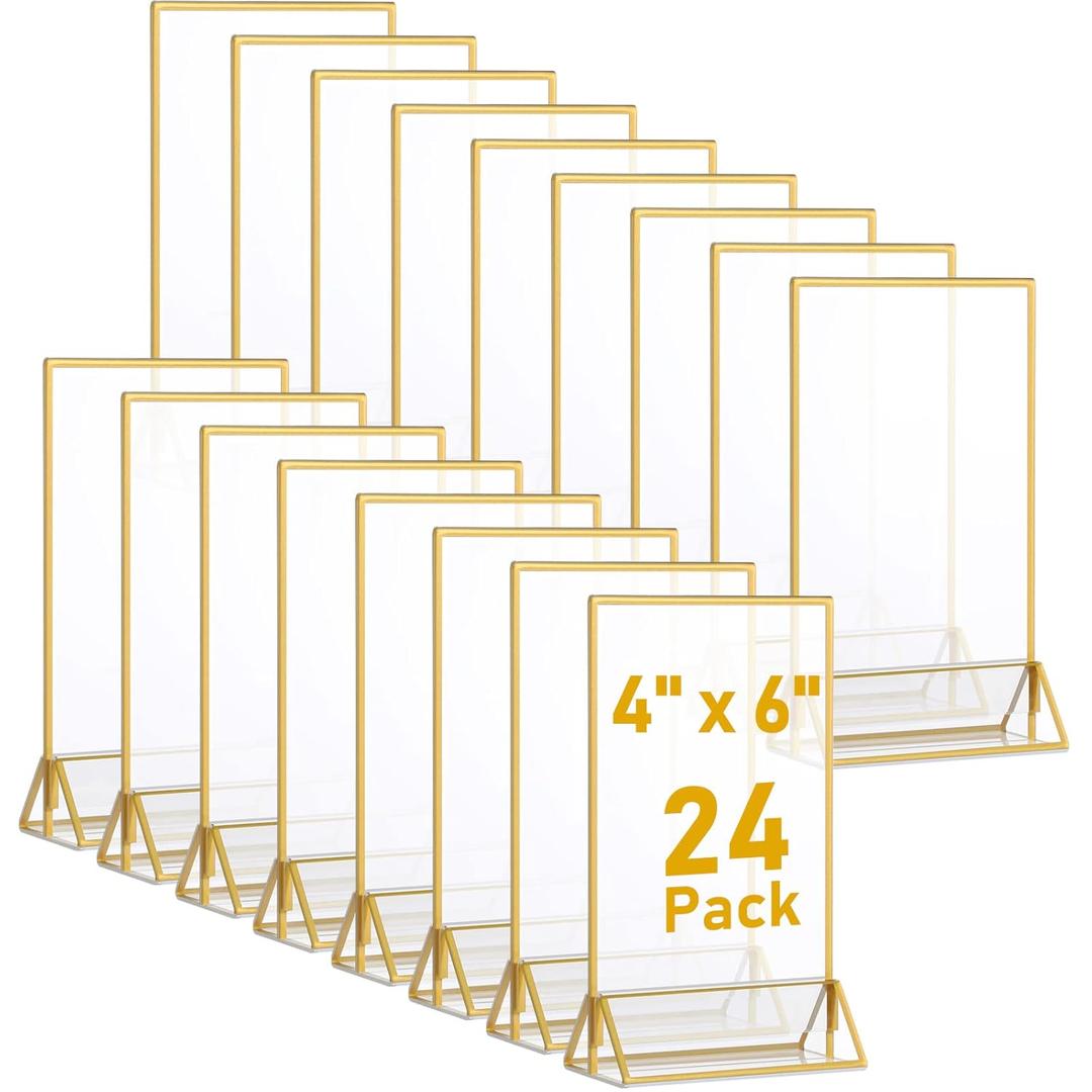 24 Pieces Gold Clear Acrylic Sign Holder Double Sided Menu Holder with Gold Borders Clear Sign Display Holder Acrylic Gold Table Number Holders for Wedding, Cards, and Photo Display (Vertical)