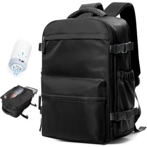 Vacuum Travel Backpack with Pump Women, Personal Item Carry on Backpacks Flight Approved 18x14x8 inches Men, Laptop Waterproof Work Compression bags Casual Daypack Mochila de Viaje Compresion al Black