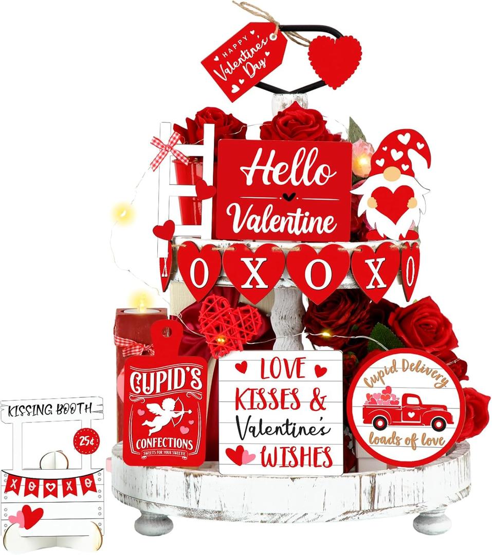 Pickmesh 21 Pcs Valentine Tiered Tray Decor Set Valentine Table Decorations Conversation Heart Wooden Decoration Farmhouse Valentines Day Decorations Heart Wooden Signs for Home(Classic)