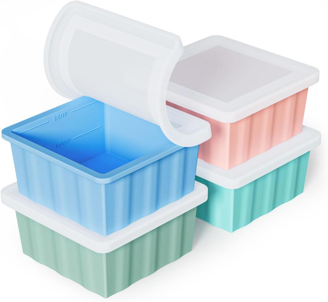 Silicone Freezer Tray for Soup Ice Cubes: 2-Cup Freezing Trays with Lid for Meal Prep - 4Pack Silicon Soup Portion Freeze Tray Make Stock Souped Ice Cube (Green+Blue+Aqua+Pink)
