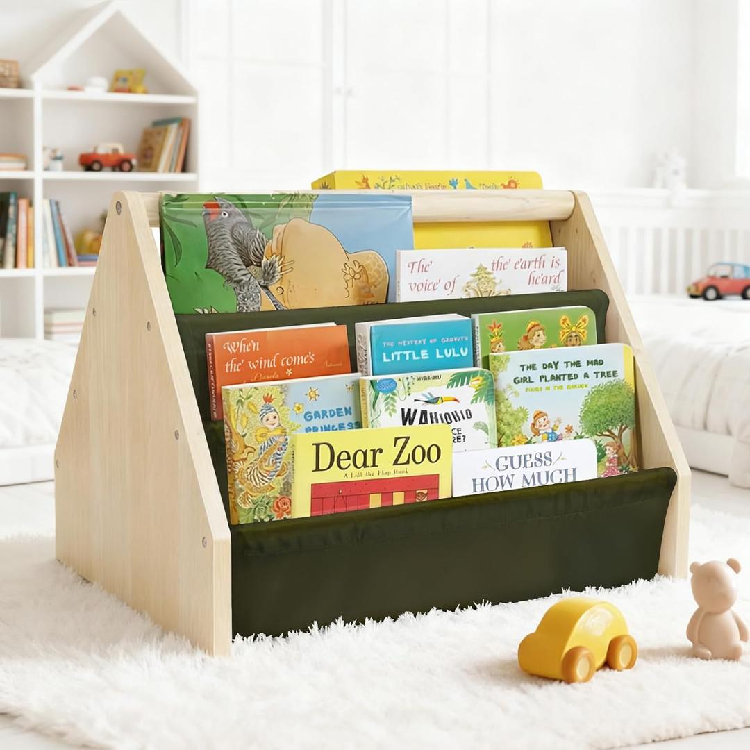 19" Kids Bookshelf, 6-Tier Double-Sided Book Shelf for Kids Rooms, Montessori Bookcase for Toddlers with 5 Deep Fabric Pockets, Natural Wood/Green Toy Storage Organizer for Nursery or Playroom