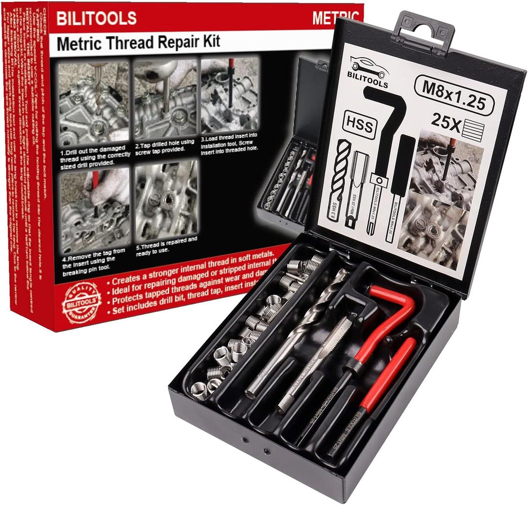 BILITOOLS M8x1.25 Thread Repair Kit, HSS Drill Helicoil Repair Kit Metric