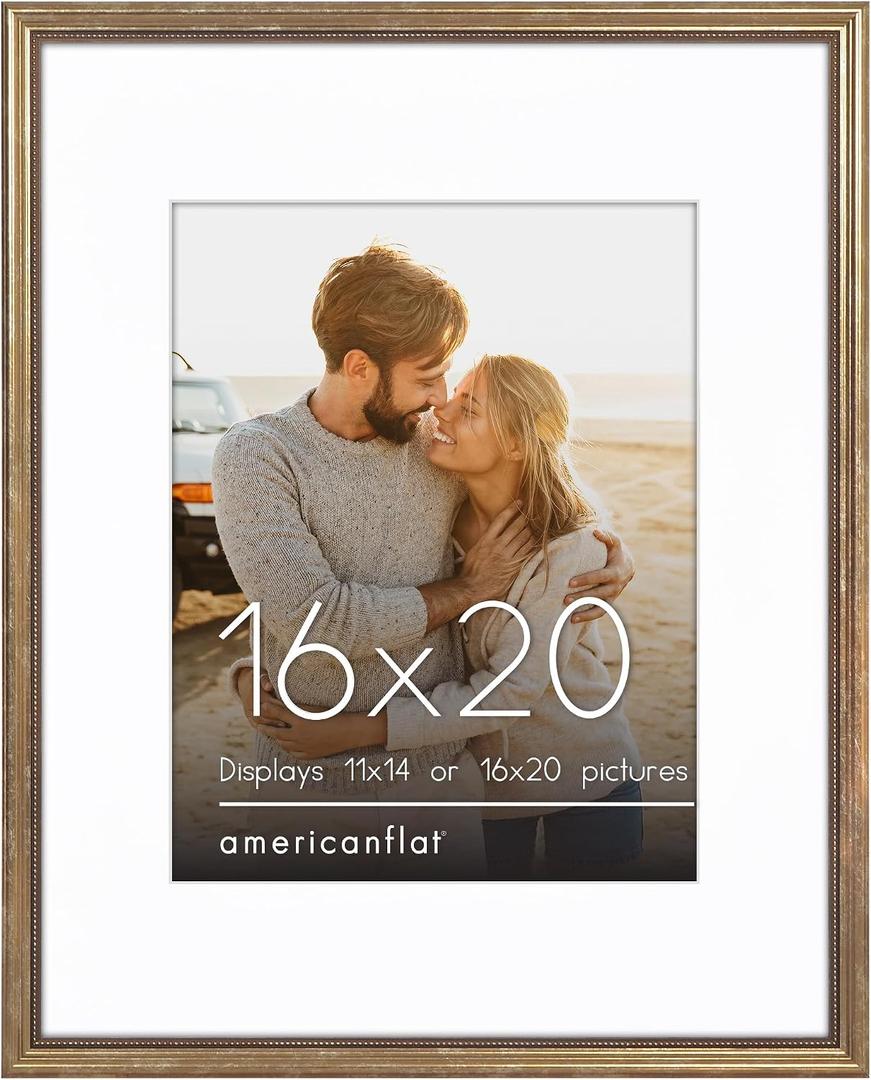 Americanflat Vintage Frames - 16x20 Picture Frame with Beaded Accents and Polished Plexiglass - Use as 11x14 Frame or Display 16x20 Photos Without Mat - Heirloom Collection - Wall Display - Gold