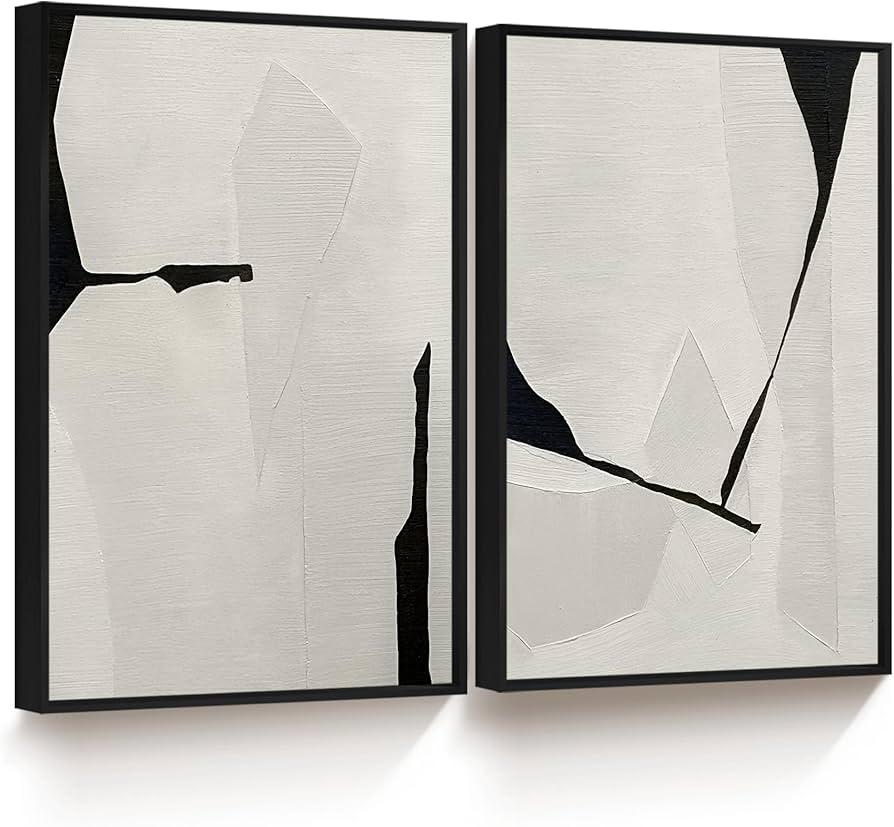 Framed Abstract Wall Art Set of 2, Black White Abstract Shapes Illustrations Canvas Print Wall Deocr for Living Room Bedroom 16x24 in Black: Posters & Prints 