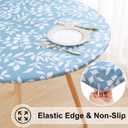 misaya Round Fitted Tablecloth with Elastic Edge, 100% Waterproof Oil Proof Plastic Table Cover, Vinyl Flannel Backed Tablecloth Fits 36"-44" Round Tables for Dinner, Outdoor, Picnic, Blue Leaves