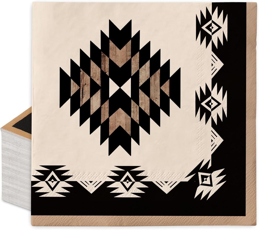 Whaline 100 Pcs Western Geometric Theme Paper Napkins Simple Modern Aztec Luncheon Napkin Brown Black Disposable Dessert Dinner Hand Napkin for Home Kitchen Restaurant Party Supplies