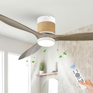 60in Boho White Ceiling Mount Fan Light Dimmable with Remote Control 3 Blade Hemp Rope Ceiling Fan with Light Coastal Weathered Wood Ceiling Fan Outdoor for Balcony Kitchen Bedroom Living Room