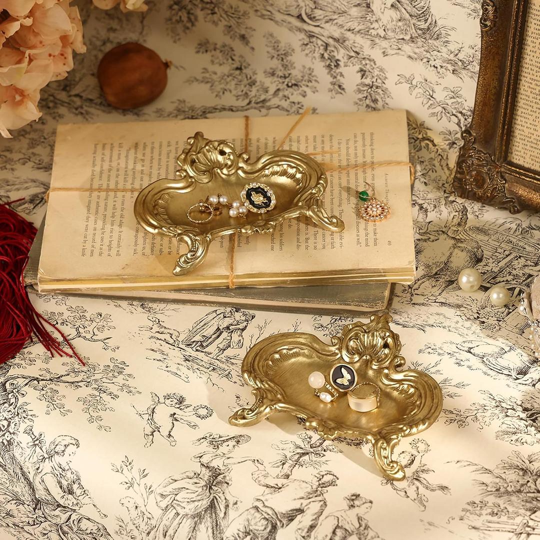 NIKKY HOME Vintage Gold Ring Holder Jewelry Dish Set of 2, Small Trinket Display Decorative Metal Tray Classy Birthday Gifts for Women