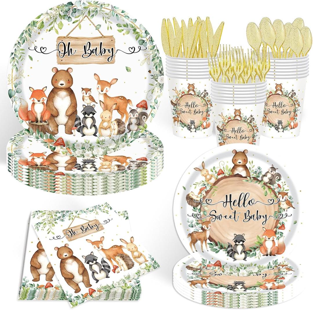 140pcs Woodland Animals Baby Shower Decoration Pack Forest Animal Neutral Gender Reveal Party Supplies Woodland Themed Birthday Party Ideas Set