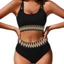 Women's High Waisted Ribbed Bikini Set Two Piece Crop Top High Cut Swimsuit Criss Cross Back Bathing Suit (Pink, S)