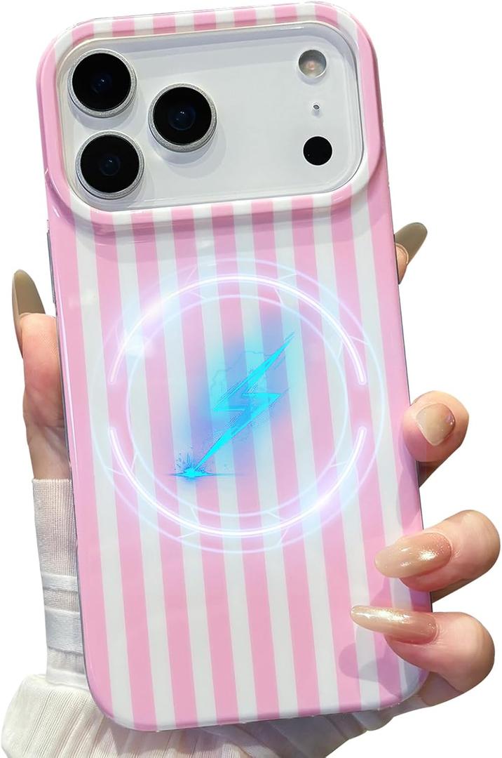 Jmltech Magnetic for iPhone 17 Pro Max Case Striped Phone Case Cute Women Girly Trendy Compatible with MagSafe,Shockproof Slim Soft TPU and Hard Back Protective Cover White Pink Strips