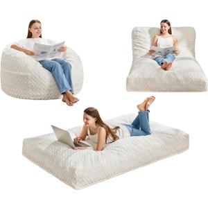 Hobestluk Bean Bag Chair Convertible Beanbag Chairs for Adults, 3 in 1 Bean Bags with Plush Chevron Cover, Adult Bean Bag Chair for Living Room, Bedroom (White, Twin)