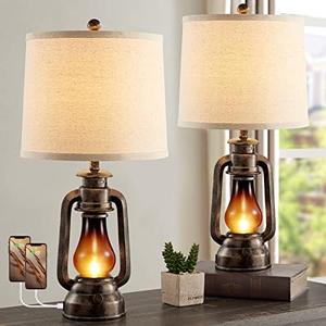 Farmhouse Rustic Table Lamps for Bedroom Set of 1 Vintage Lantern Lamp with Dual USB Charging Ports,25" Retro Antique Bedside Nightstand Desk Lamp for Living Room End Table Entryway, 4 Bulb Included