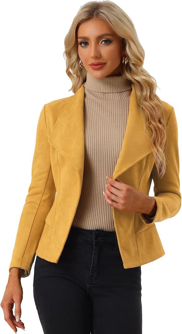 Allegra K Women's Faux Suede Jacket Open Front Lapel Draped Outwear Cardigan, X-Large Mustard