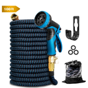 Kotto 100 ft Flexible Garden Hose, Water Hose for Outside with 10 Spray Nozzles, Brass Connector, Leak-Proof, Blue