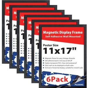11" x 17" Self-Adhesive Magnetic Display Frame, Double Sided Window Magnetic Sign Holder with Clear PVC and Magnetic stripe Frame for Home/Office/Wall/Door/Glass/Poster Display (Black, 6Pack)