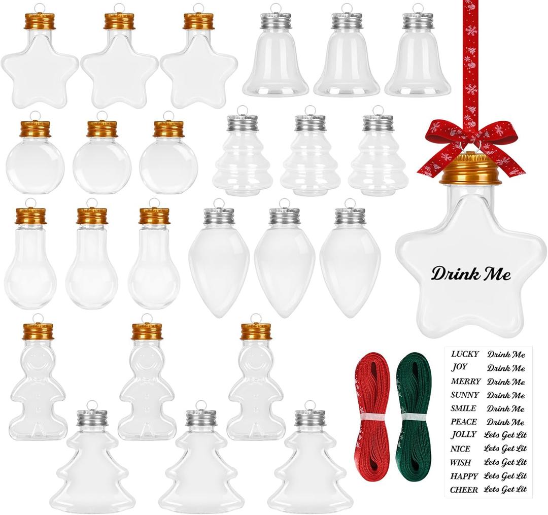 24 Christmas Fillable Balls,8 Styles Clear Plastic Fillable Ornaments with Screw Off Cap and Ribbons, 50ml Removable Top Hanging Ball Crafting DIY Christmas Ornaments for Xmas Tree Holiday Decor