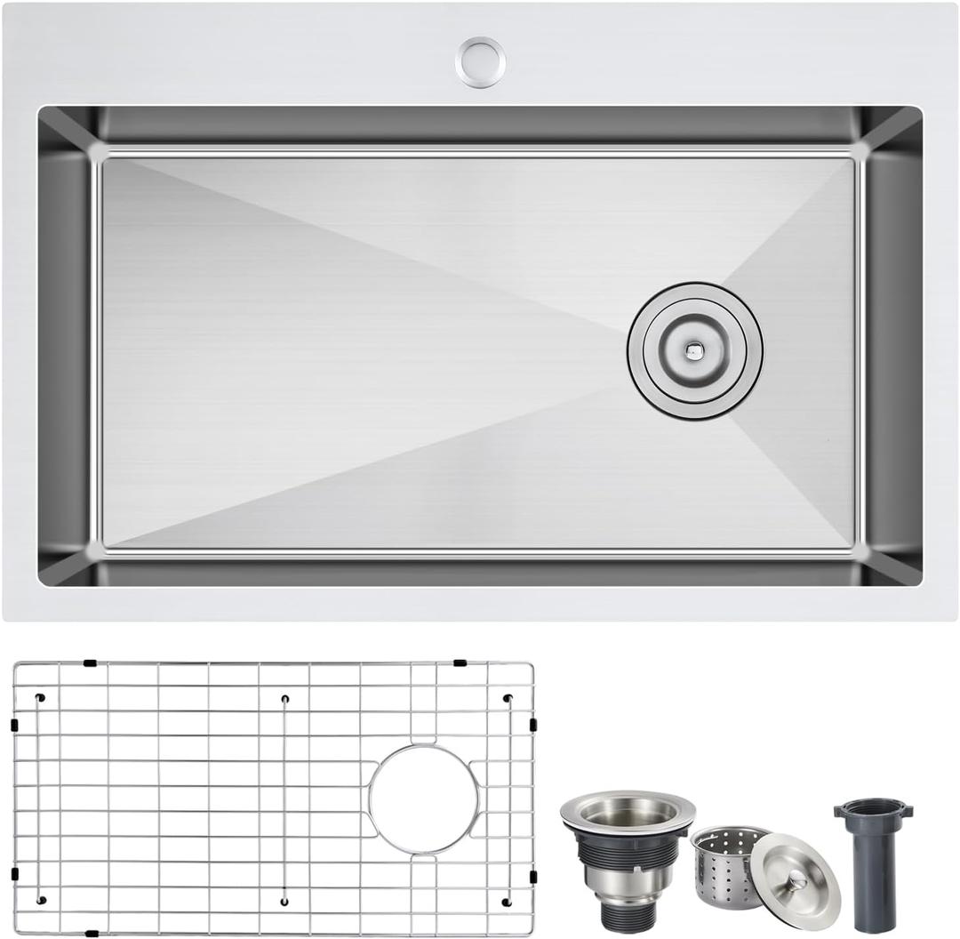 ROVOGO 24x18x9 in. Drop-in Kitchen Sink Single Bowl with Offset Drain Assembly and Bottom Grid, 304 Stainless Steel Handmade Modern Sink 1 Faucet Hole, Top Mount, Brushed
