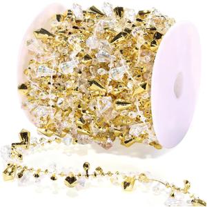 Christmas Garland Iridescent Tree Gold Bead Decoration, Vintage Twinkle Ice Double Twist Bead String Ornaments for Indoor Outdoor Decorations, Rustic Crystal Beaded Home Decor, 16ft