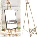 18.25"L x 25.5"W x 55"H Metal Scroll Extra Large Free Standing Adjustable Display Stand Easel with Chain Support, Heavy Duty Easel for Sign, Wedding, Picture Frame, Mirror, Gold (No Assembly Required)
