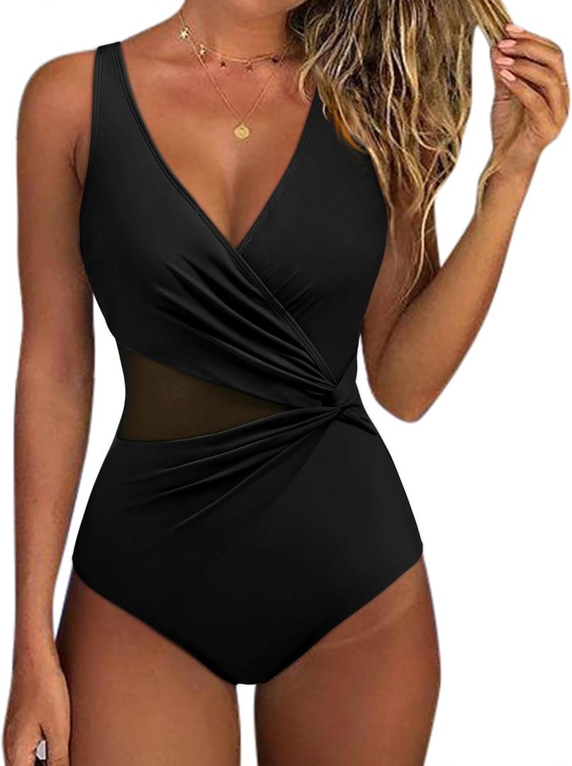 SUUKSESS Women Sexy Mesh Tummy Control One Piece Swimsuit Wrap Push Up Bathing Suit Retro Backless Cut Out Swimwear (Black, XL)
