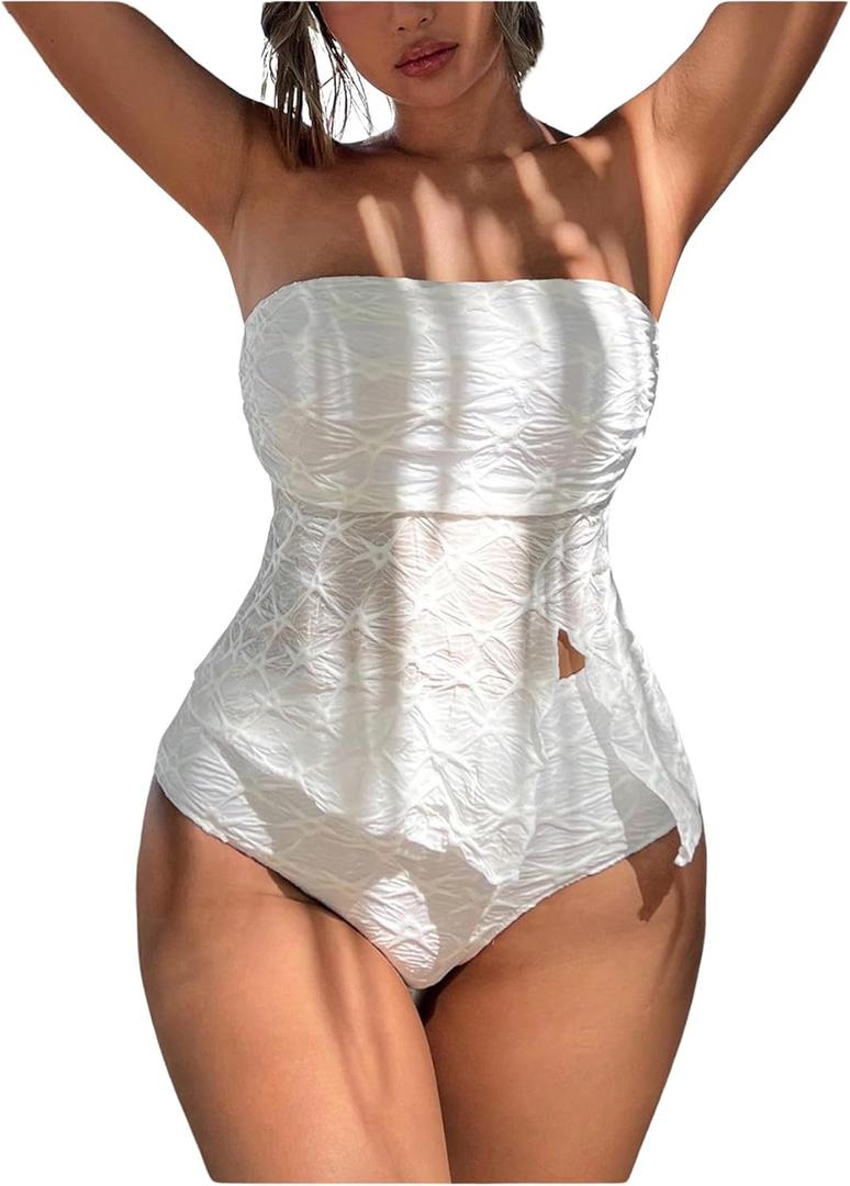 SHENHE Women's 2 Piece Strapless Tankini Swimsuits Split Tube Textured Bandeau Bathing Suits (Medium, White)