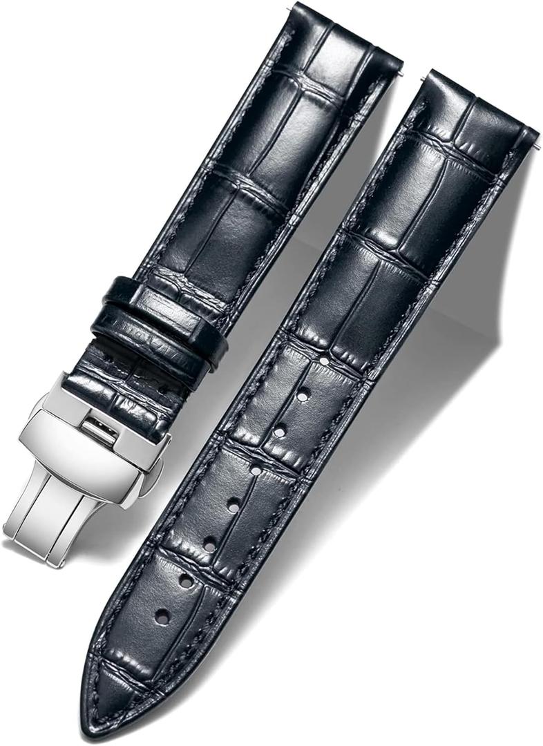 BINLUN Leather Watch Strap Quick Release Strap with Silver Butterfly Deployment Buckle 12mm 13mm 14mm 15mm 16mm 17mm 18mm 19mm 20mm 21mm 22mm 23mm 24mm Watch Band for Men Women (Black)