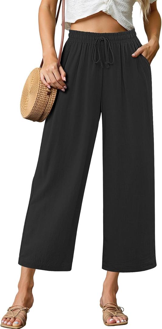 GRAPENT Linen Pants for Women High Waisted Wide Leg Capri Elastic Waist Casual Beach Flowy Cropped Summer Capris Pants (Small, Black)