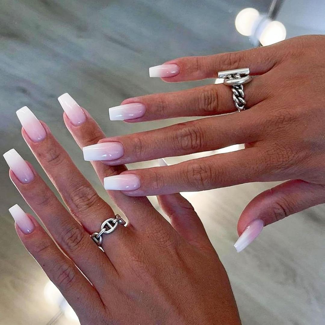 Ombre Press on Nails - Coffin Fake Nails Medium False Nails with Design Pink White Gradient Full Cover Acrylic Nail - Artificial Glue on Nail for Women Manicure 24Pcs (Nude short9)
