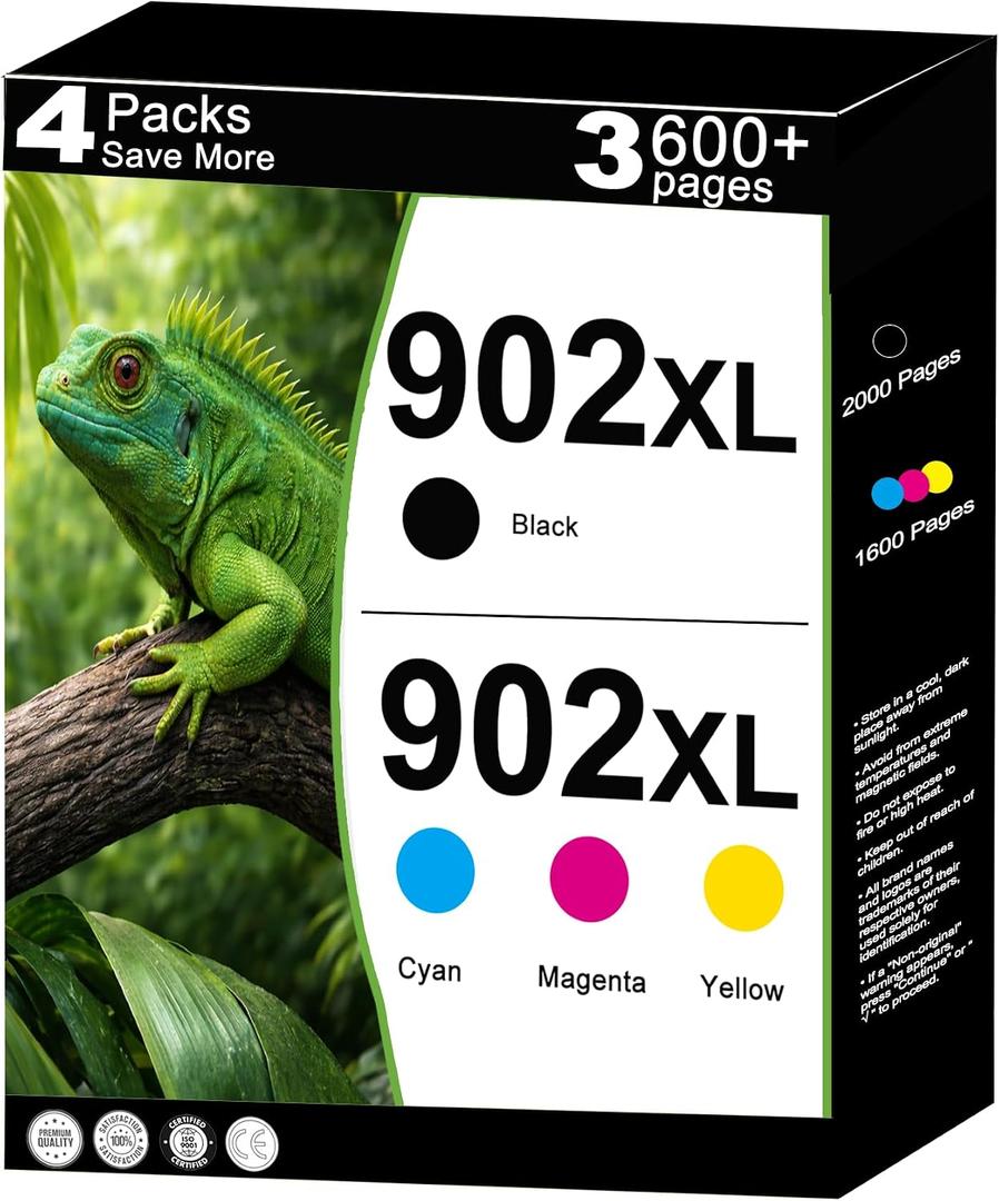 902XL Ink Cartridges Replacement for HP 902 XL Ink Cartridges Combo Pack Work for 6962 6968 6963 6964 6978 6956 6961 6970 6960 6954 6951 6958 6950 6975 Printers with V22.5.1 Chips 4-Pack C/M/Y/K