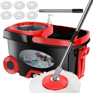 FunClean 360 Spin Mop and Bucket Set with Wringer, 6 Extra Microfiber Heads, 61" Extended Handle for Effortless Floor Cleaning, 2X Wheel Design - Black