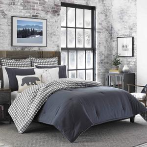 Eddie Bauer - Twin Comforter Set, Reversible Cotton Bedding with Matching Sham, Pre-Washed for Added Softness (Kingston Charcoal, Twin)