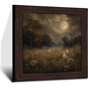2 x Puyfsdhg Vintage Rustic Spooky Halloween Ghost Wall Art Framed Moody Dark Cottagecore Fall Canvas Prints Artwork, Halloween Ghost Oil Paintings Wall Decor for Home Bedroom Living Room 20x20 Inch, 19.7"L x 19.7"W