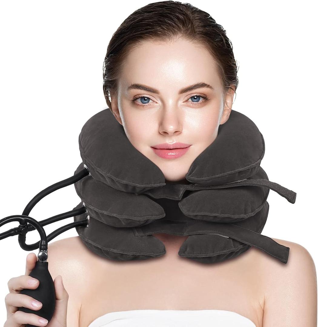 Neck Stretcher, Cervical Traction Device, Neck Traction Device, Neck Pain Relief, Adjustable Inflatable Neck Brace & Neck Stretcher Cervical Traction, Neck Decompression Home Use (Brown)