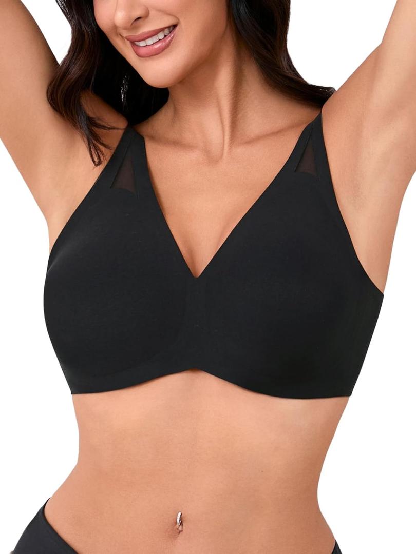 Wireless Jelly Bras for Women - Deep V No Underwire Bralette with Support - Seamless Comfortable Lightly Padded T-Shirt Bra (Large, Pure Black)