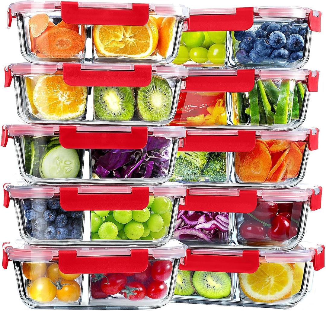 VERONES 10 Pack Glass Meal Prep Containers 2 Compartment Set, 30 OZ Airtight Glass Lunch Containers, Glass Food Storage Containers with Lids, for Microwave, Oven, Freezer & Dishwasher Friendly- Red