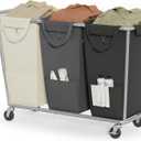 SONGMICS Laundry Basket with Wheels, 3-Section Laundry Sorter, 76.6 Gallons (290 L) Rolling Hamper with Removable Bags, Heavy-Duty Steel Frame, Cream White, Dark Gray and Ink Black URLS010X01