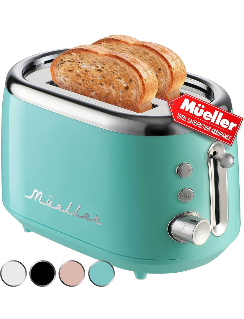 MÜELLERHOME Retro Toaster 2 Slice, 7 Browning Levels, 3 Functions (Reheat, Defrost, Cancel), Stainless Steel Features, Removable Crumb Tray, Under Base Cord Storage, Turquoise