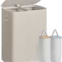 SONGMICS Laundry Basket with Lid, 160L Large Hamper, 2 Compartments Foldable Washing Basket with Handles, Removable Liner Bags, 56 x 40.5 x 75 cm, Beige, BROSI Collection LCB832L101, Size Name: 75H cm