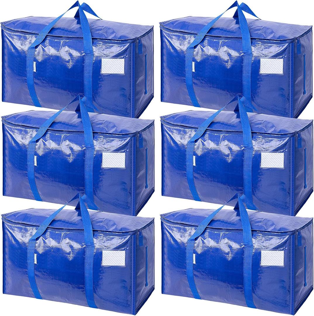 TICONN 6 Pack Extra Large Moving Bags Heavy Duty with Zippers & Carrying Handles, Durable Storage Bags Moving Boxes for Closet Organizers and Storage (6 Pack, Blue)