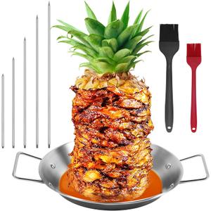 Al Pastor Skewer for Grill, Shawarma Skewer Stand, Stainless Steel Brazilian Vertical Spit with 5 Removable Spikes(6"/8/10"/12/14")& Brushes, for Tacos Al Pastor, Grill Smoker Oven BBQ (13'' base pan)