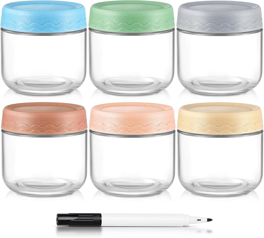 DRKIO 10 Oz Overnight Oats Containers with Lids - 6 Pack Glass Storage Jars with Airtight Lids Wide Mouth Mason Food Jars Great for Meal Prep Salad Chia Pudding Snacks Yogurt Sugar Spice Cereal