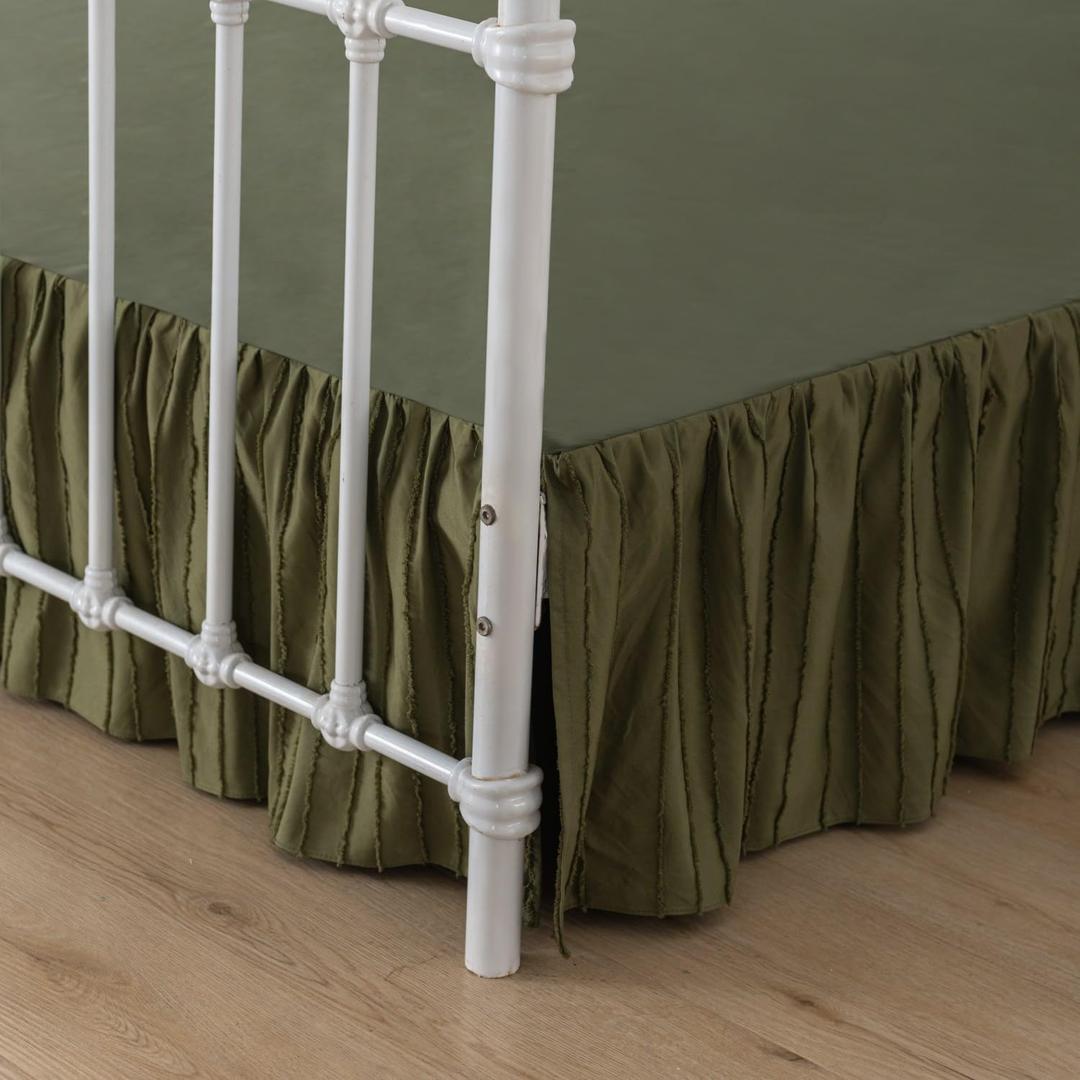 Bed Skirt Queen Size Ruffled Bed Skirt with Split Corners, 18 Inch Drop Dust Ruffle Bed Skirts with Platform, Tufted Boho Bed Skirting, Striped, Green, 18" Queen