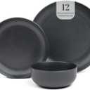 Larder & Vine 12-Piece Melamine Dinnerware Set: Durable, Lightweight, Break-Resistant Plates & Bowls Stylish, Non-Toxic, Dishwasher Safe Ideal for Everyday Use, Indoor & Outdoor Dining Black