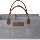 Rae Dunn Baby Diaper Caddy Organizer, Nursery Storage for Changing Table and Car, Portable Basket for Items, Shower Gifts, Grey Felt With Leather Handles, Large