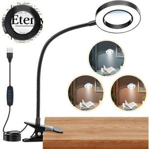 10X Magnifying Glass with Light, Clip on Mganifier with Light, 48 LED Desk Magnifying Glass wtih Clamp, 3 Modes Dimmable Magnifying LED Lamps for Bed Work Crafts DIY B