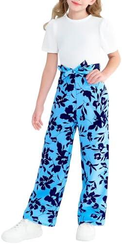 YOURUIKEY Girls Jumpsuits Puff Sleeve Leaves Wide Leg Romper Kids Summer Jumper Tween Girls Trendy Preppy Clothes, Size: 8Y