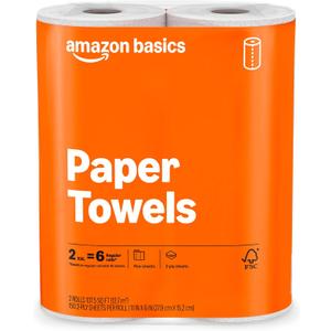 Amazon2-Ply Flex-Sheets Paper Towels, 2-Pack, 150 Sheets per Roll, 2 Basics Rolls = 6 Regular Rolls, for Everyday Use, Spills and Messes