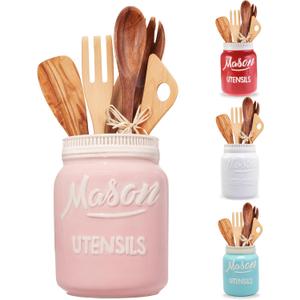 Pink Mason Jar Kitchen Utensil Holder for Kitchen Counter - Rustic Ceramic Utensil Crock for Spoons, Spatulas & Cooking Tools - Farmhouse Decor for Countertop - Unique Vintage Container and Organizer 